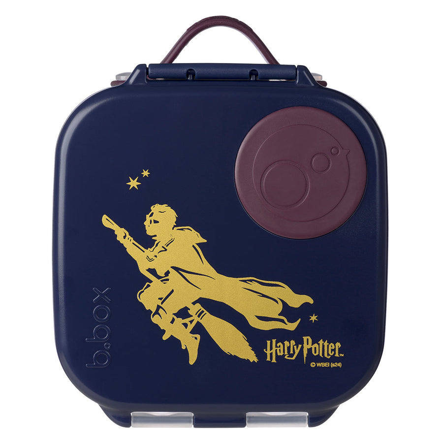 B.Box Harry Potter 1L mini lunch box with gold broomstick artwork and plum fruit seal