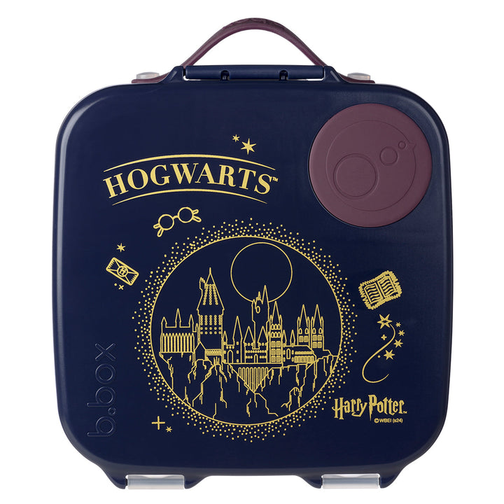B.Box Harry Potter 2L lunch box with gold Hogwarts artwork, navy lid and plum fruit seal