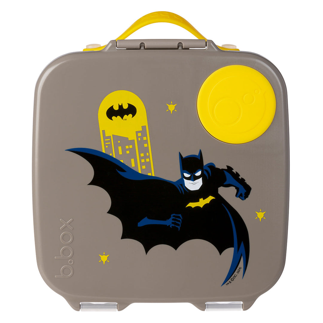 B.Box Batman 2L lunch box with grey lid, Batman artwork and yellow fruit seal