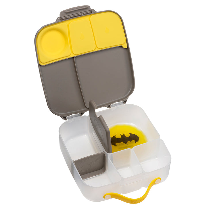 Open B.Box Batman lunch box showing divided compartments, sandwich tray and included gel cooler