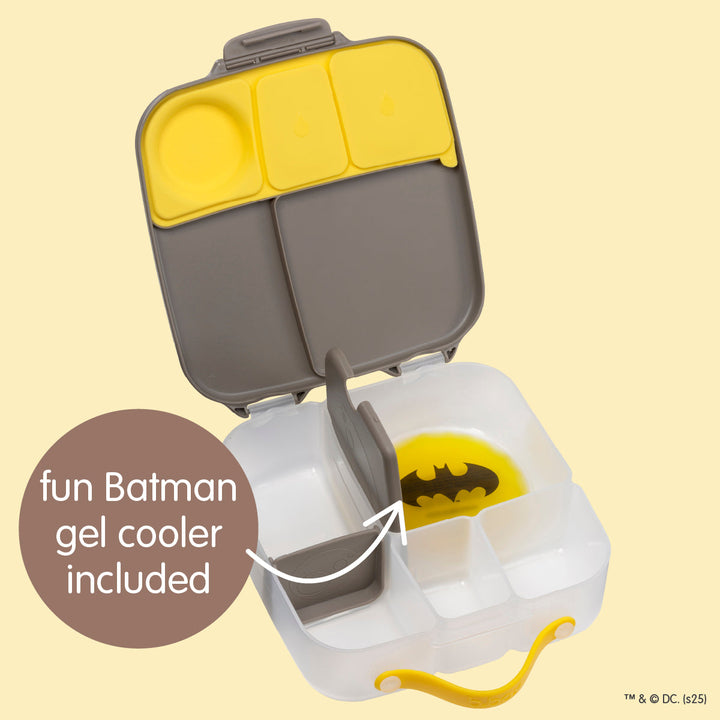 Open B.Box Batman lunch box with included Batman gel cooler beneath the sandwich tray