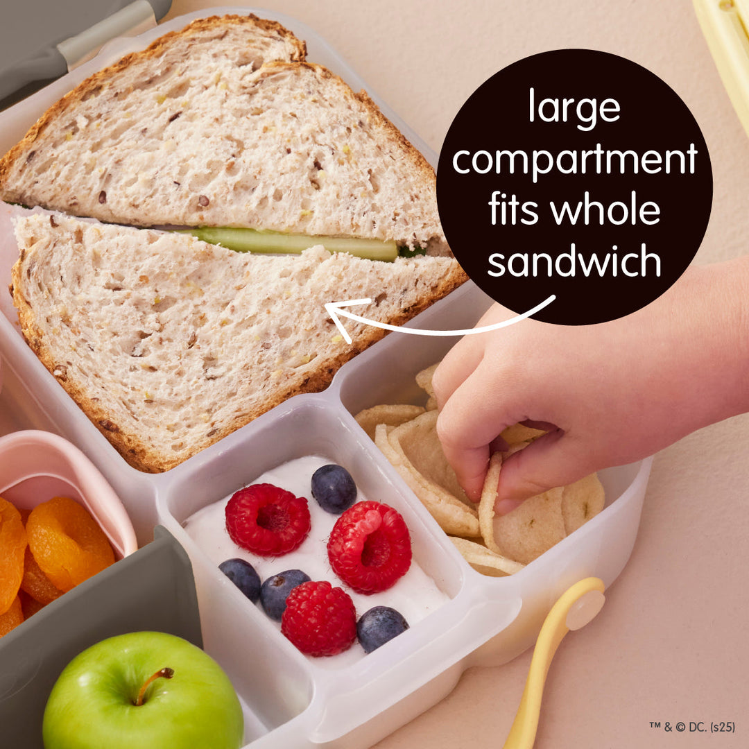 B.Box Batman lunch box packed with a sandwich, fruit and snacks in separate compartments