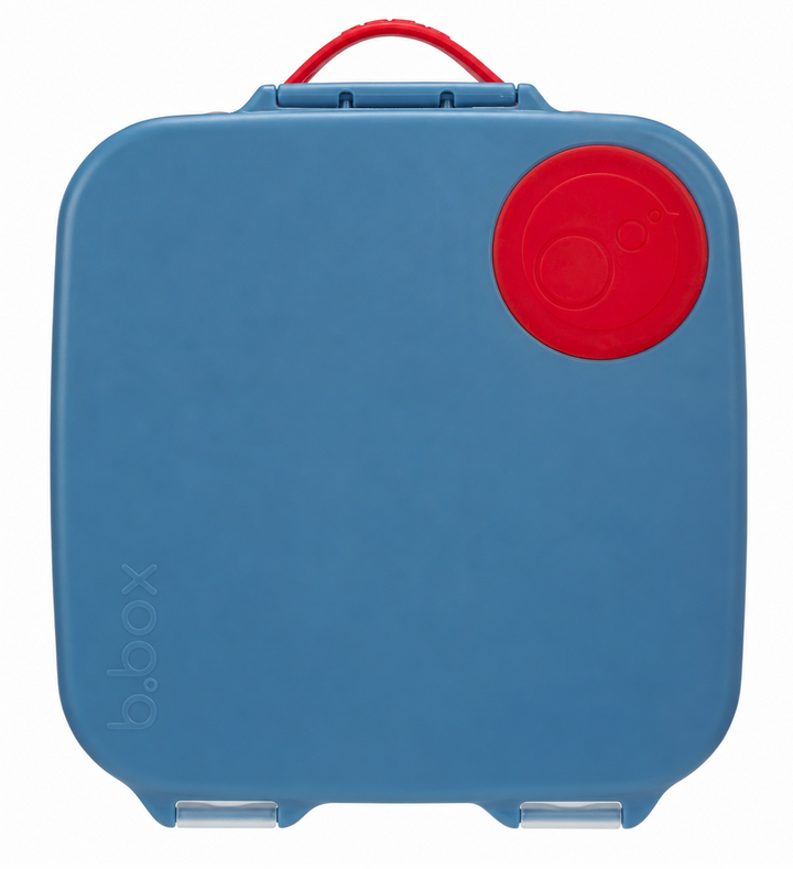 B.Box Blue Blaze 2L lunch box with blue lid, red handle and red circular silicone fruit seal on a white background