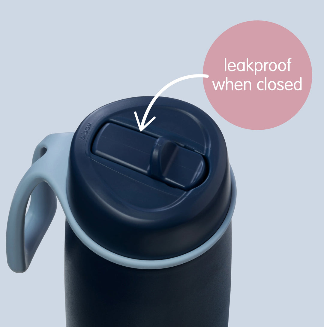 Flip top bottle closed lid demonstrating leakproof design