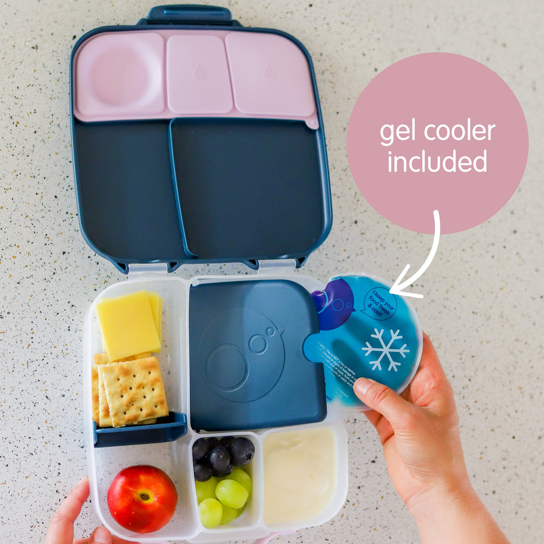 Lunch box gel cooler underneath the removable sandwich tray