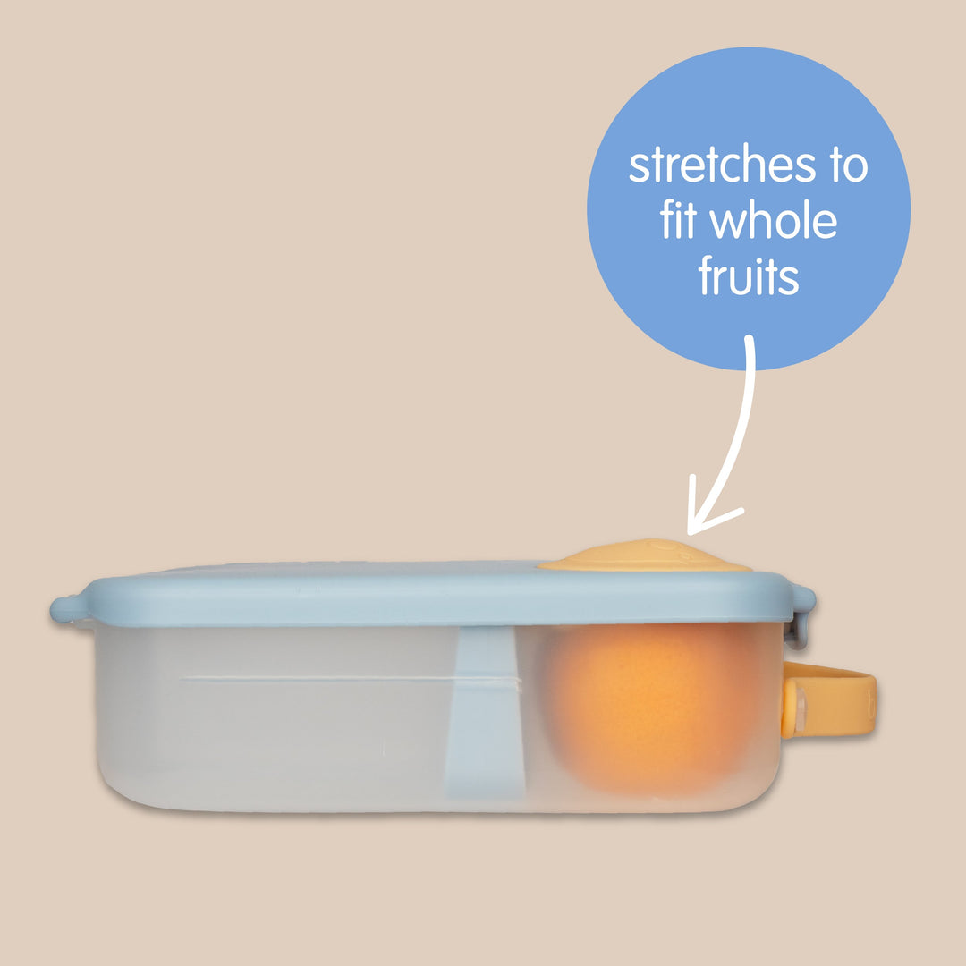Flexible silicone section stretches to fit whole fruit