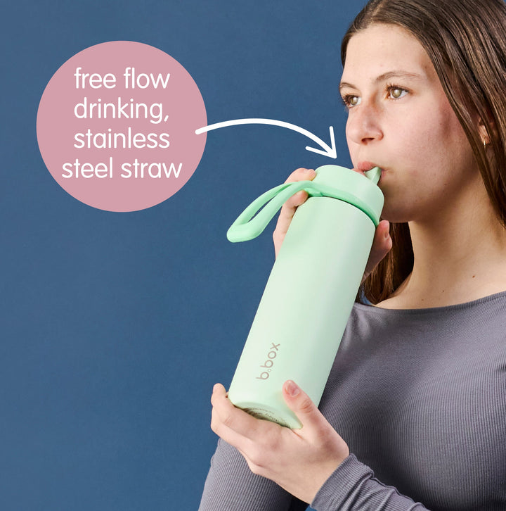 Flip top bottle free-flow spout and stainless steel straw feature
