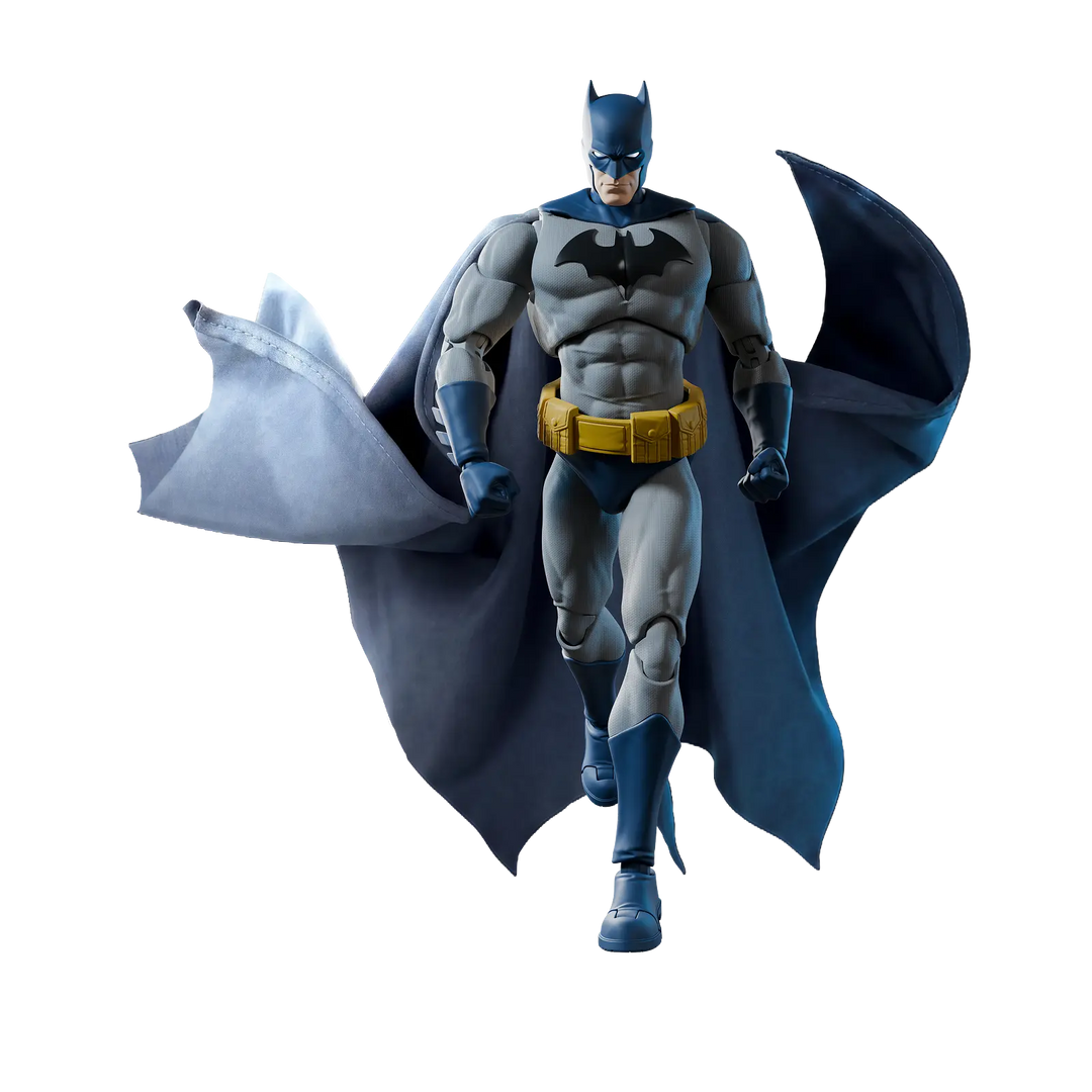 Blokees Batman Hush CC05 model kit posed with its blue fabric cape spread open