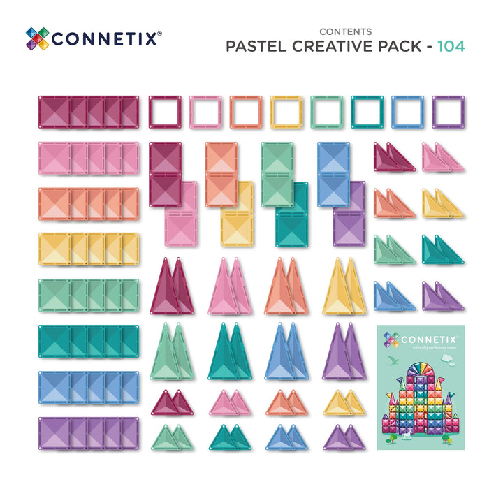 Connetix Pastel Creative Pack 104 pc contents with squares, triangles, rectangles and inspiration book