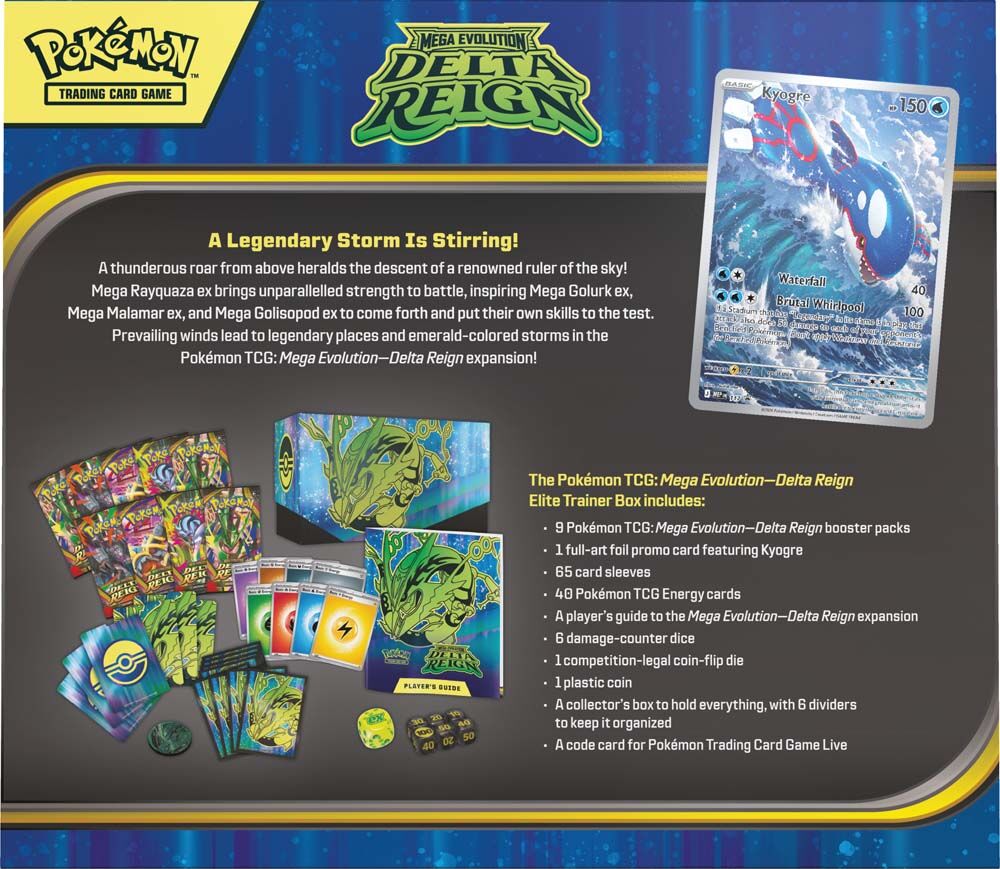 Pokemon TCG Mega Evolution Delta Reign Elite Trainer Box - back panel with Kyogre promo and contents