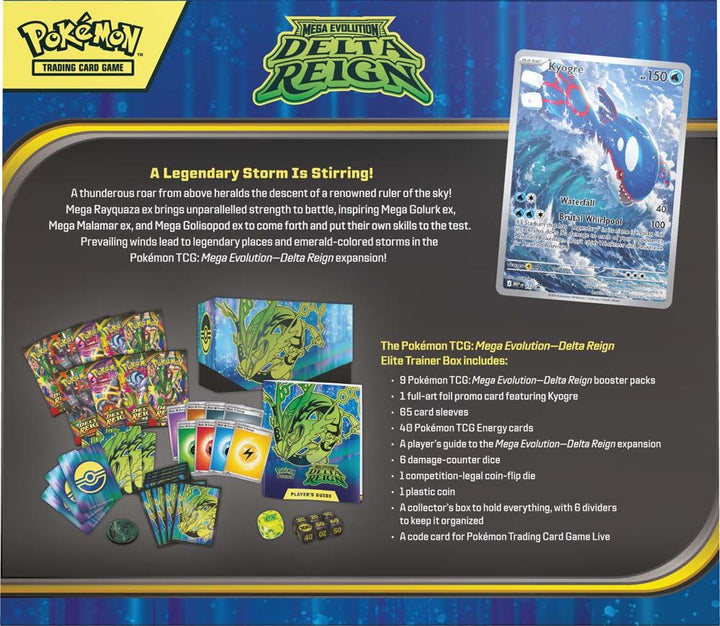 Pokemon TCG Mega Evolution Delta Reign Elite Trainer Box - back panel with Kyogre promo and contents