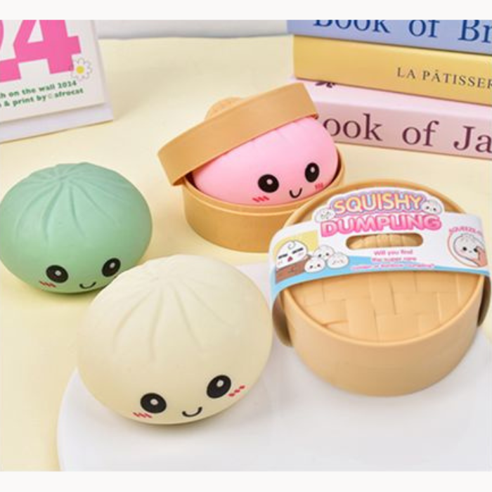 Squishy Steamed Dumpling Bun assorted colours with steamer-style containers; one supplied
