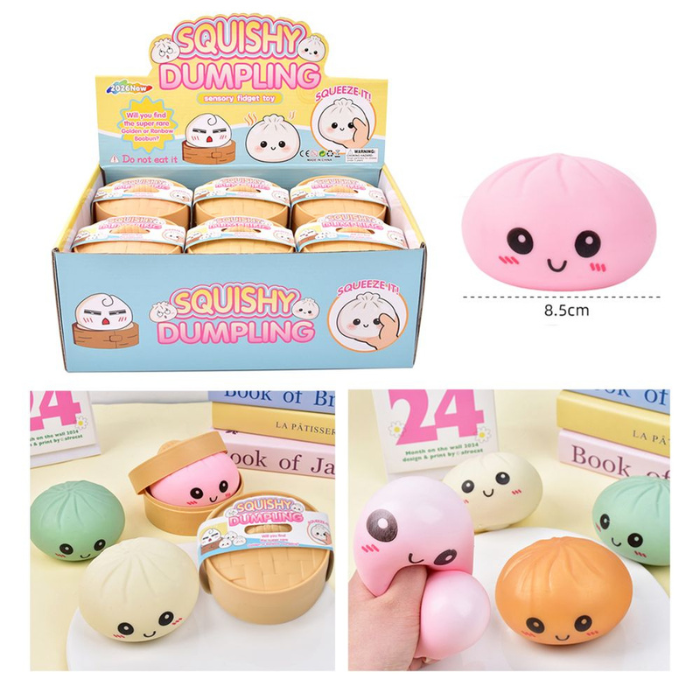 Squishy Steamed Dumpling Bun packaging, colour examples and 8.5cm size; sold individually
