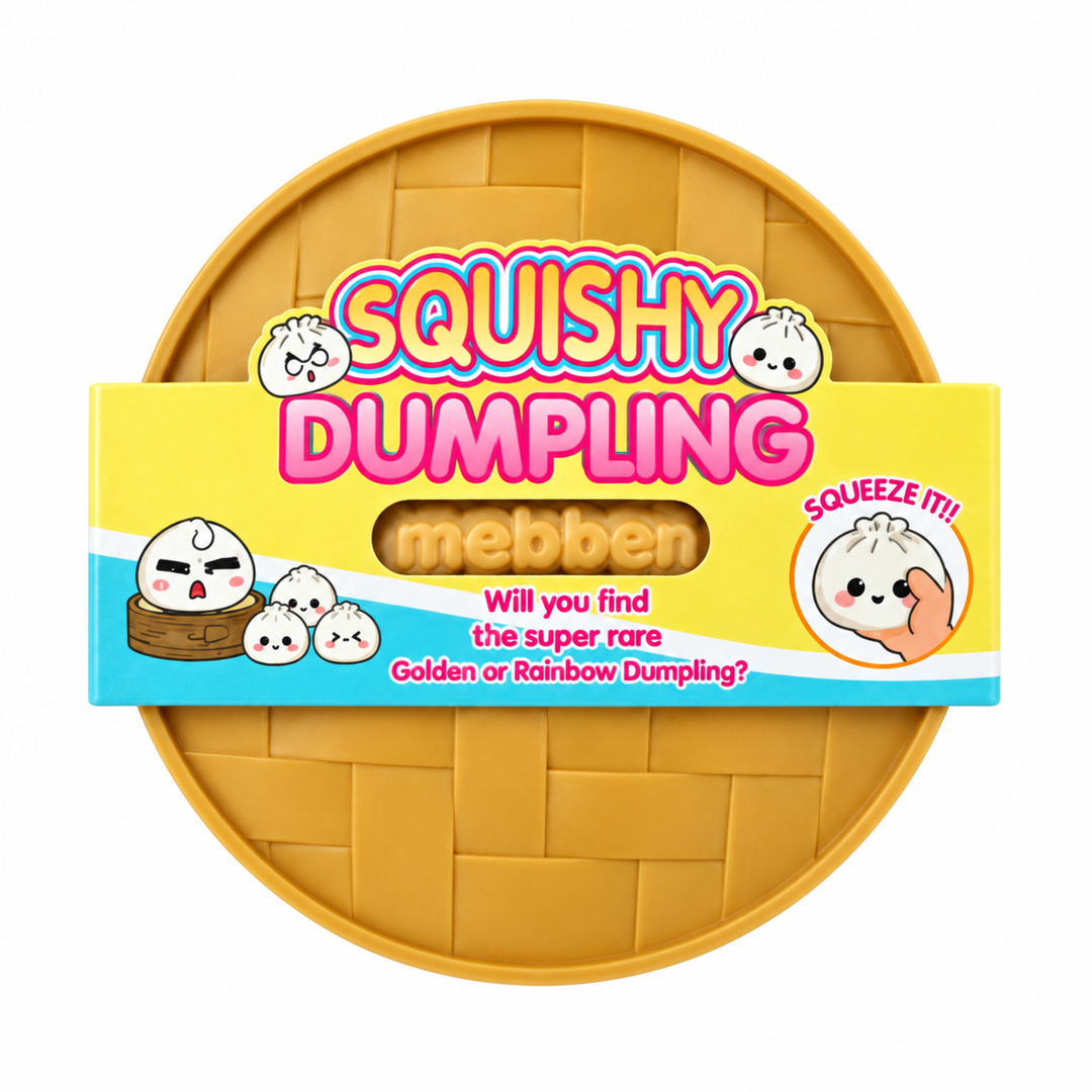 Squishy Steamed Dumpling Bun 85 x 55mm single blind-box retail packaging with yellow and blue sleeve