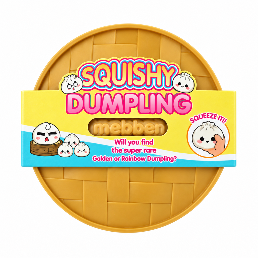 Squishy Steamed Dumpling Bun 85 x 55mm single blind-box retail packaging with yellow and blue sleeve