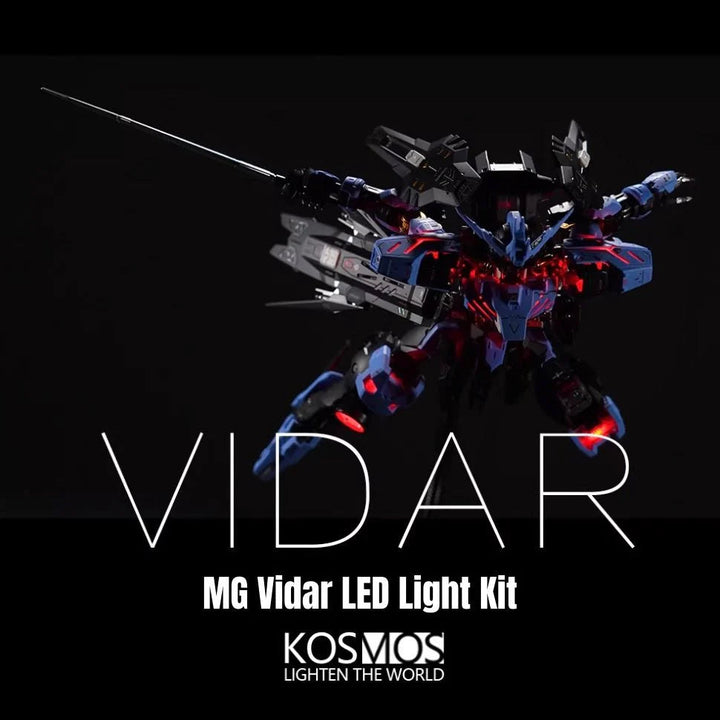 Kosmos 1/100 MG Gundam Vidar RGB LED Light Kit - Full model lighting demonstration in an action pose; model and stand sold separately