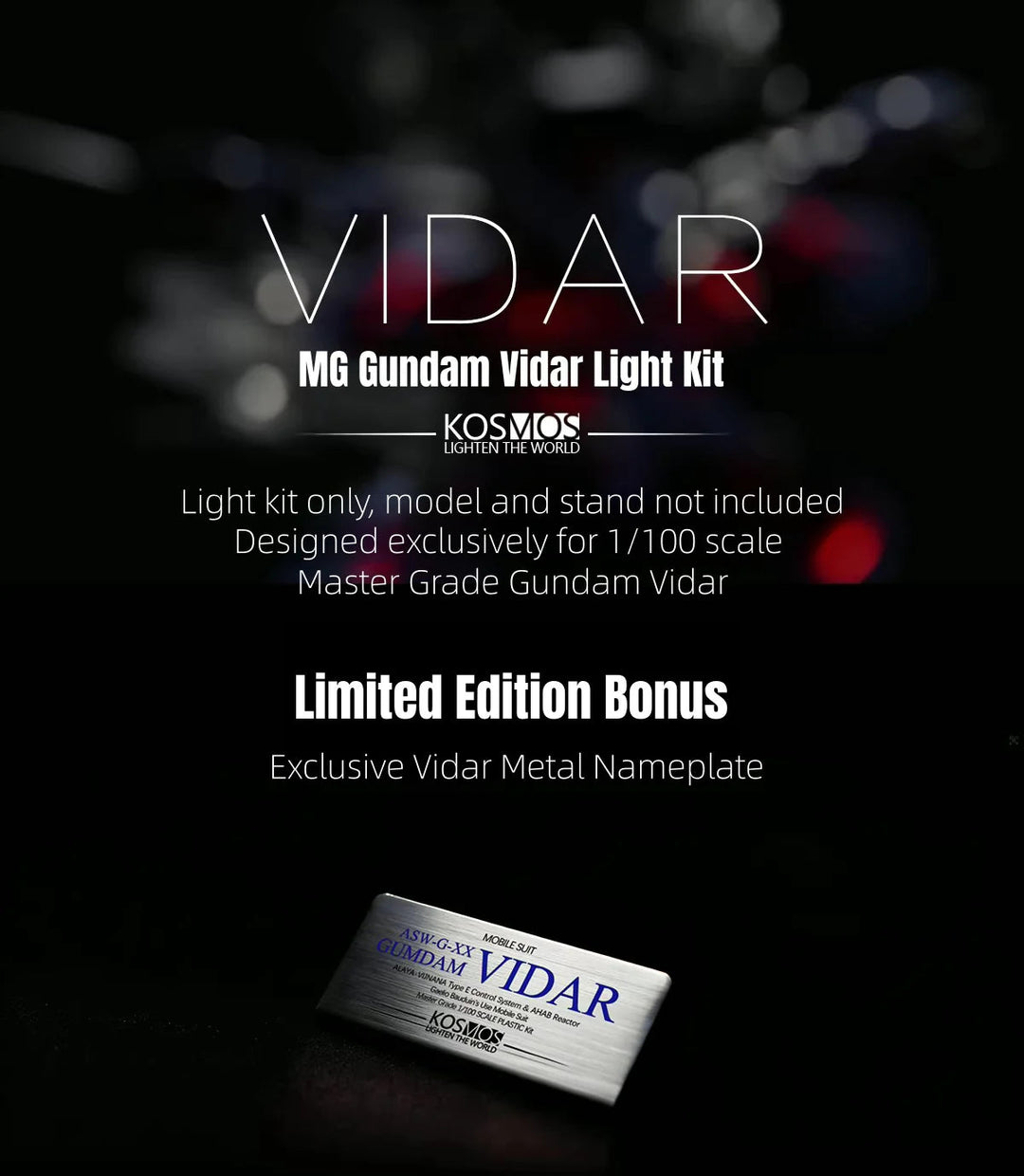 Kosmos 1/100 MG Gundam Vidar RGB LED Light Kit - Vidar metal nameplate bonus and compatibility information