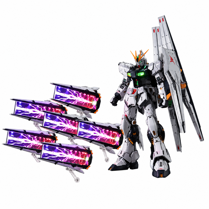 Kosmos Perfect Version LED unit promotional demonstration with six deployed illuminated fin funnels and Nu Gundam body lighting; model and stands sold separately