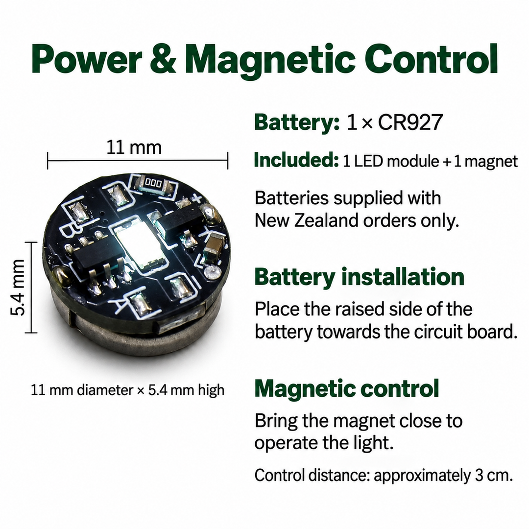 CR927 battery installation and magnetic control instructions in English