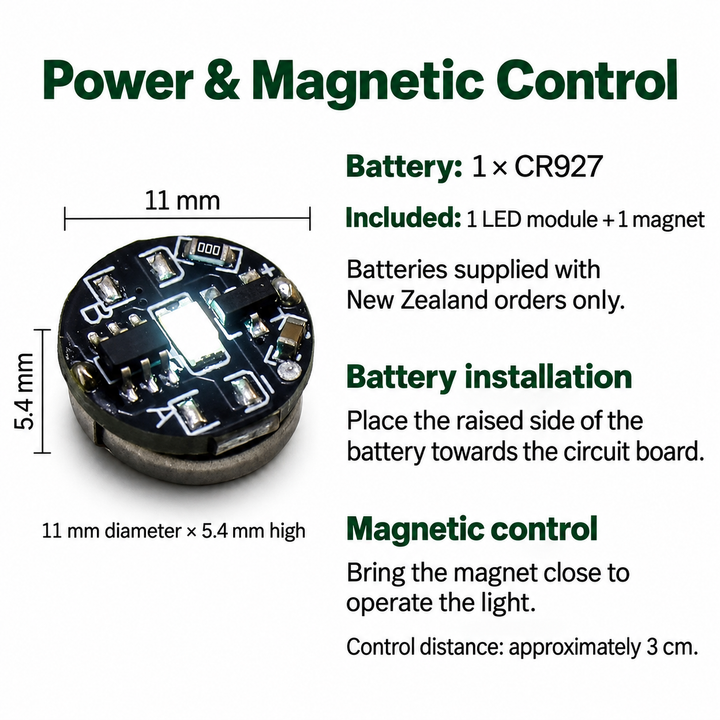CR927 battery installation and magnetic control instructions in English
