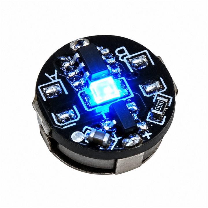 Blue magnetic LED module for model kits, 11 mm diameter and 5.4 mm high, on a solid white background