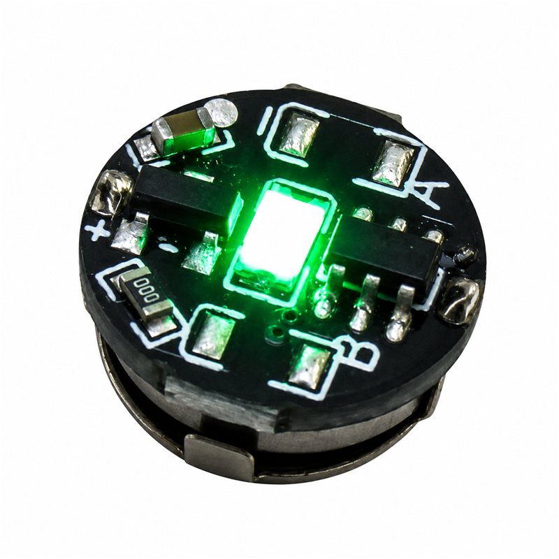 Green magnetic LED module for model kits, 11 mm diameter and 5.4 mm high, on a solid white background