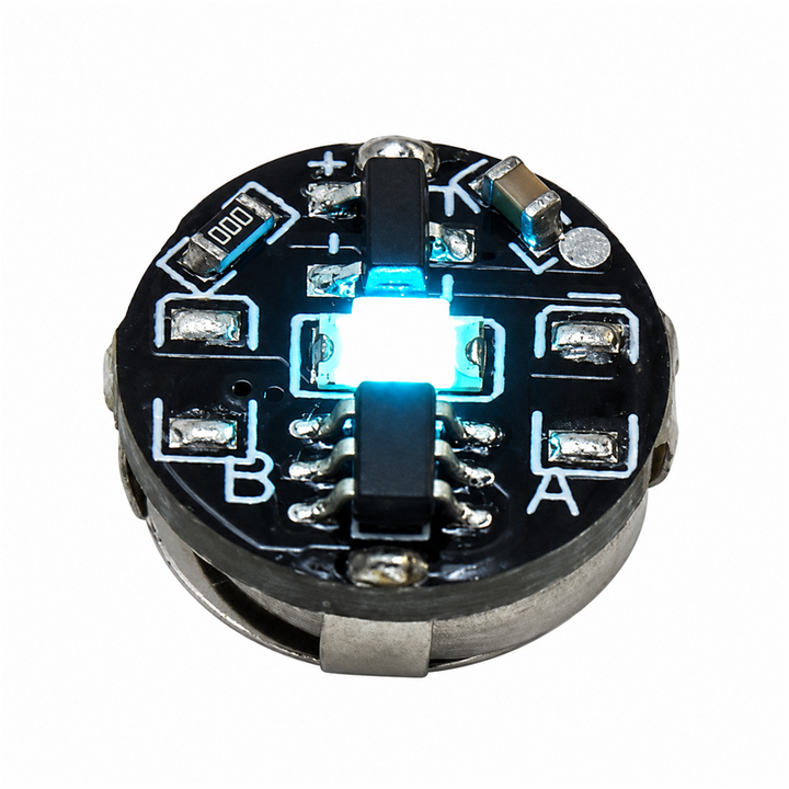 Ice Blue magnetic LED module for model kits, 11 mm diameter and 5.4 mm high, on a solid white background