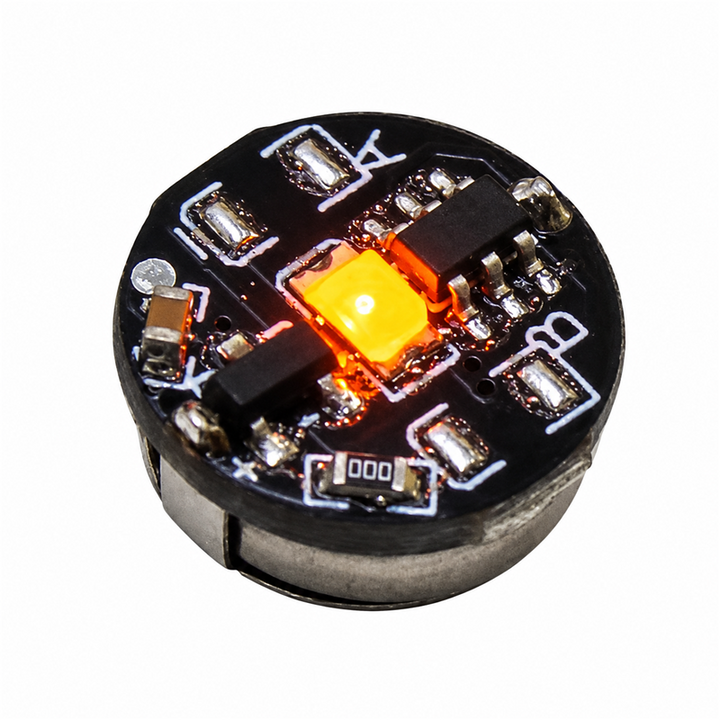 Orange magnetic LED module for model kits, 11 mm diameter and 5.4 mm high, on a solid white background