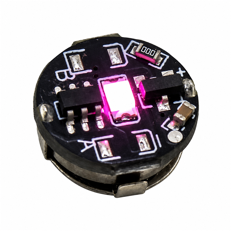 Pink magnetic LED module for model kits, 11 mm diameter and 5.4 mm high, on a solid white background