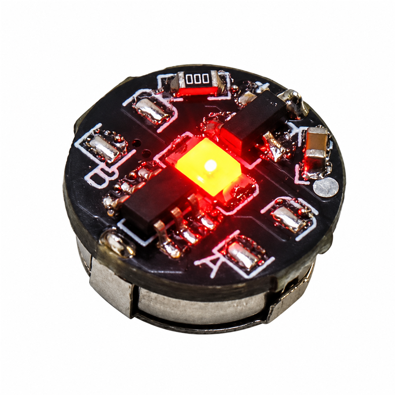 Red magnetic LED module for model kits, 11 mm diameter and 5.4 mm high, on a solid white background