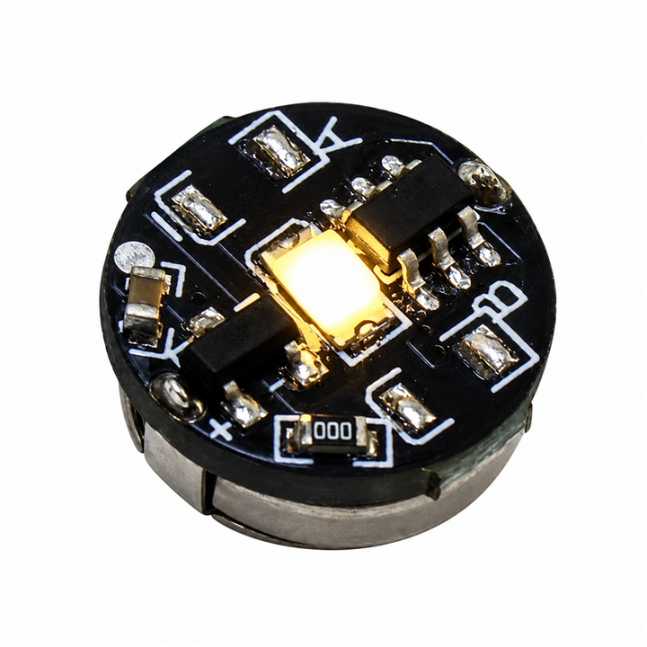 Warm White magnetic LED module for model kits, 11 mm diameter and 5.4 mm high, on a solid white background
