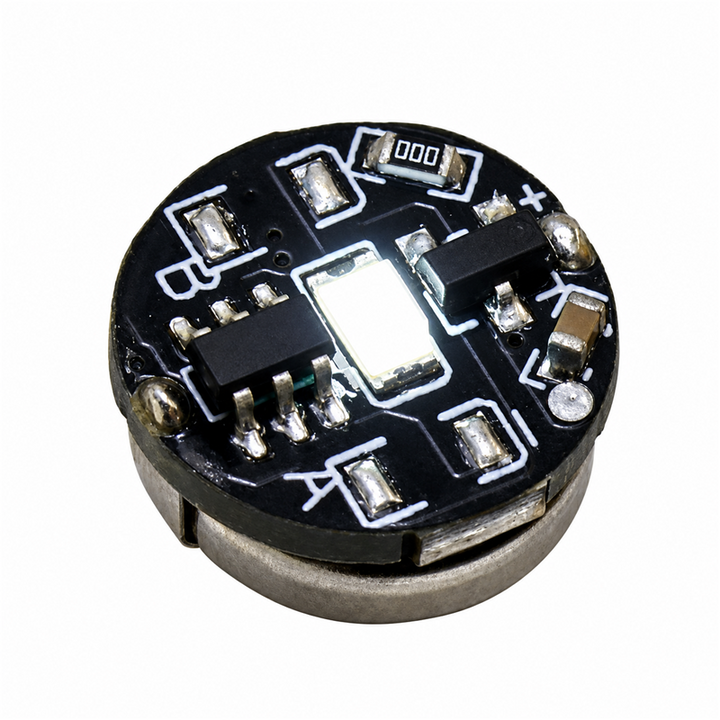 White magnetic LED module for model kits, 11 mm diameter and 5.4 mm high, on a solid white background