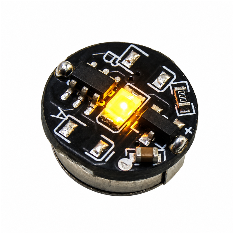 Yellow magnetic LED module for model kits, 11 mm diameter and 5.4 mm high, on a solid white background