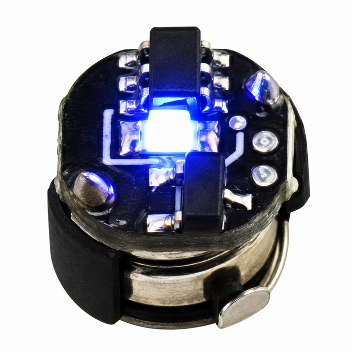 Blue mini magnetic LED module, 7.5 mm diameter and approximately 7 mm high, isolated on a white background