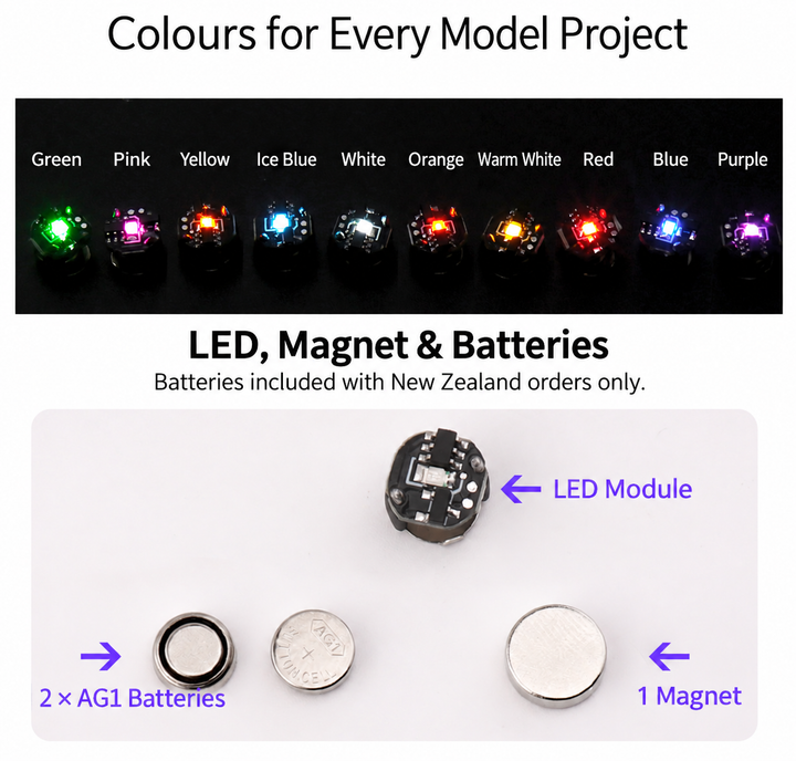Ten LED colour options with module, magnet and two AG1 batteries; batteries included for New Zealand orders only