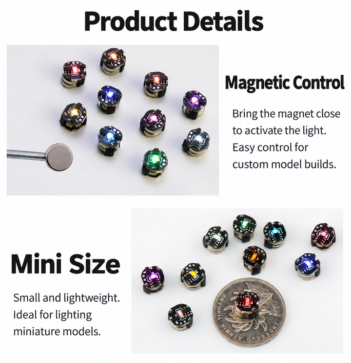 Magnetic LED operation and miniature size shown beside a coin