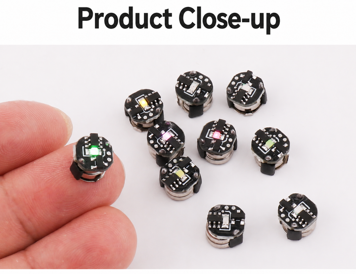 Mini LED modules with one resting on a fingertip for scale