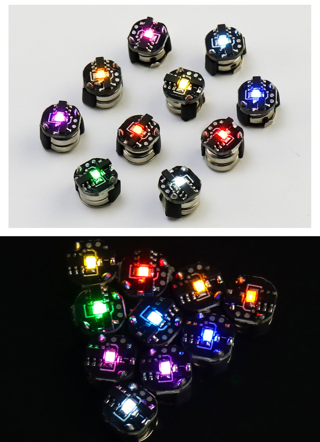 Mini magnetic LED modules illuminated in multiple colours on light and dark backgrounds