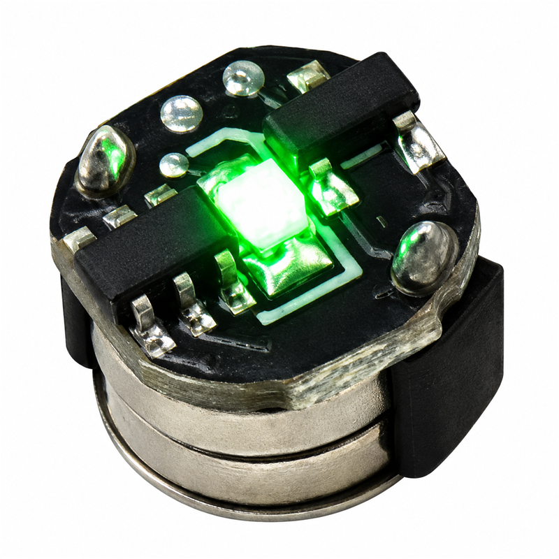 Green mini magnetic LED module, 7.5 mm diameter and approximately 7 mm high, isolated on a white background