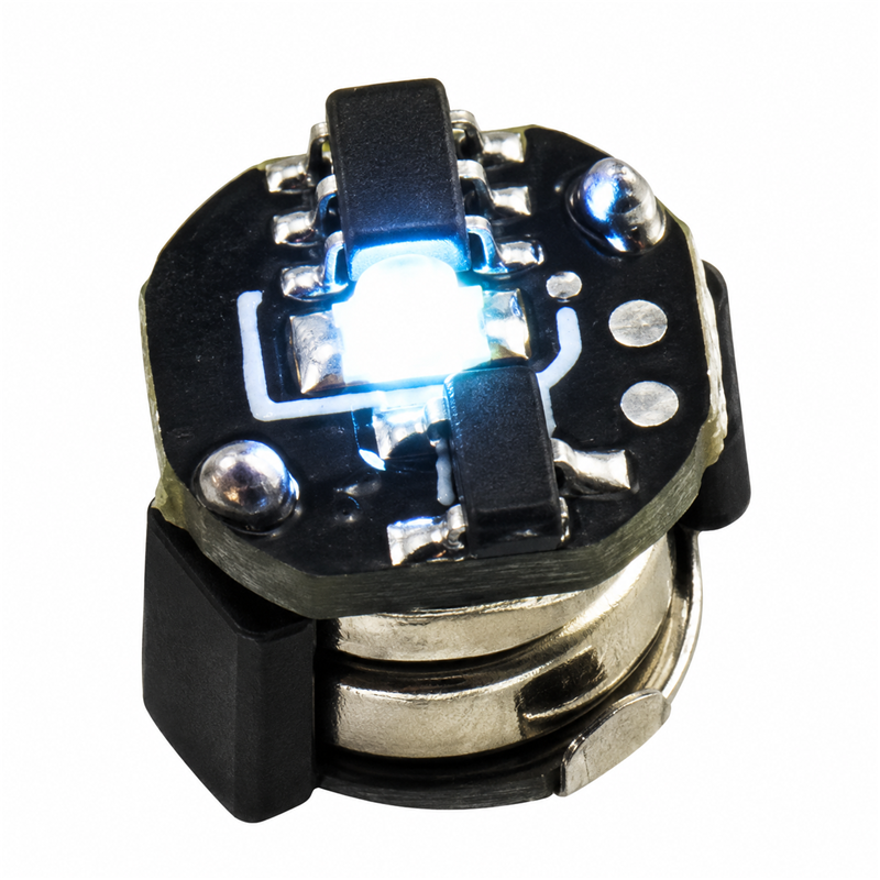 Ice Blue mini magnetic LED module, 7.5 mm diameter and approximately 7 mm high, isolated on a white background