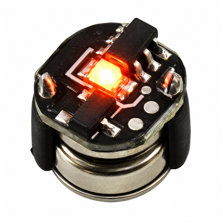 Orange mini magnetic LED module, 7.5 mm diameter and approximately 7 mm high, isolated on a white background