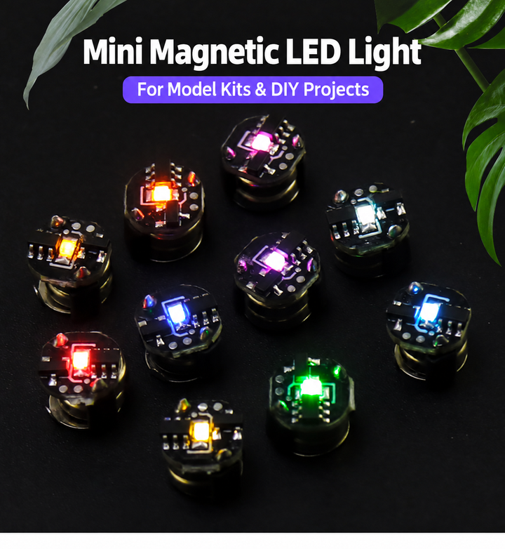 Mini magnetic LED lights for model kits in multiple colours