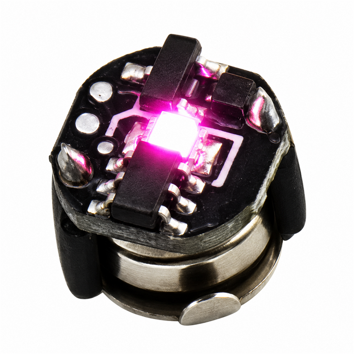 Pink mini magnetic LED module, 7.5 mm diameter and approximately 7 mm high, isolated on a white background
