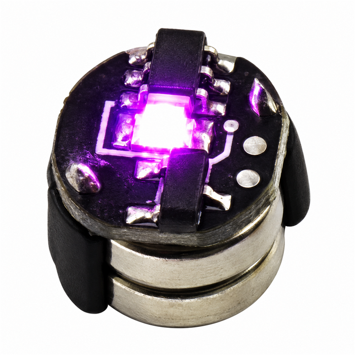 Purple mini magnetic LED module, 7.5 mm diameter and approximately 7 mm high, isolated on a white background