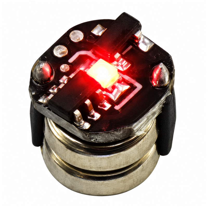 Red mini magnetic LED module, 7.5 mm diameter and approximately 7 mm high, isolated on a white background