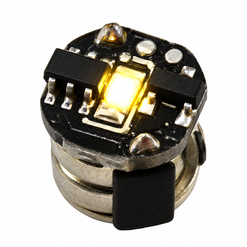 Warm White mini magnetic LED module, 7.5 mm diameter and approximately 7 mm high, isolated on a white background