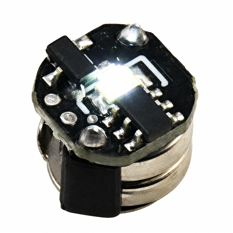 White mini magnetic LED module, 7.5 mm diameter and approximately 7 mm high, isolated on a white background