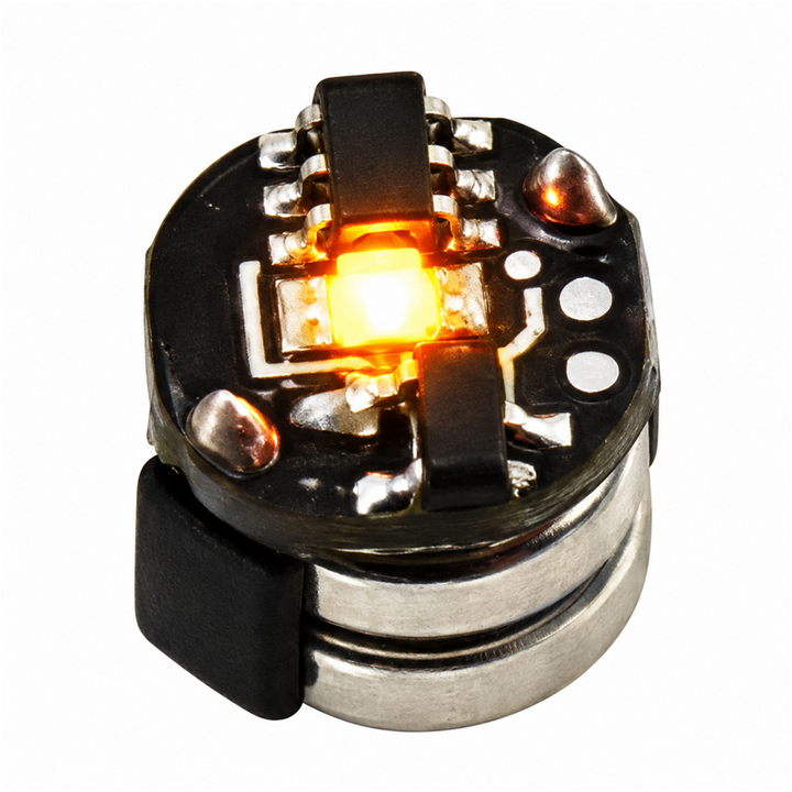Yellow mini magnetic LED module, 7.5 mm diameter and approximately 7 mm high, isolated on a white background