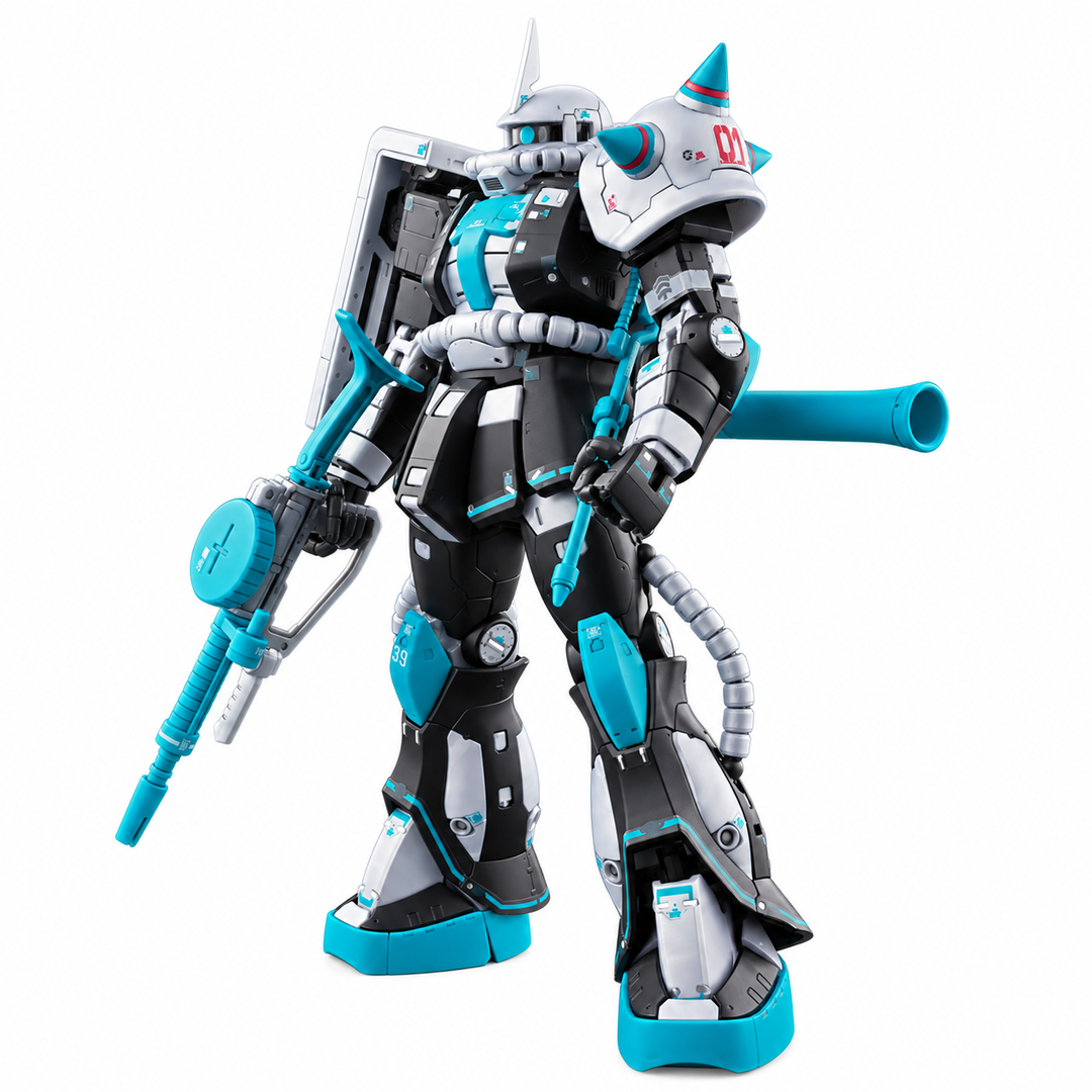 P-Bandai 1/144 RG MS-06S Zaku II (Hatsune Miku Ver.) - complete front three-quarter view on white