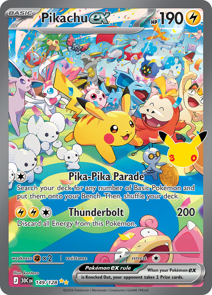 Pikachu ex 149/128 Special Illustration Rare Day English card from Pokemon TCG 30th Celebration - card artwork